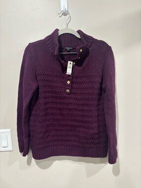 Talbots Purple Cable-Knit Half-Placket Turtleneck Sweater Marino Wool